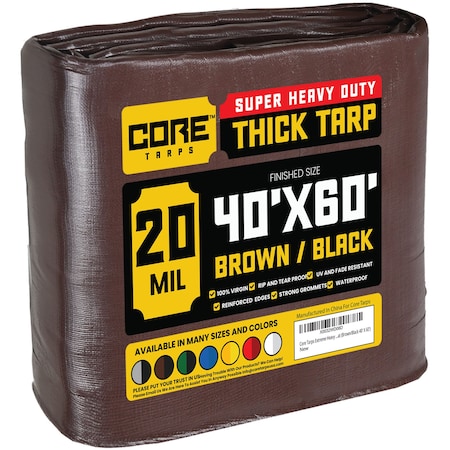Core Tarps Heavy Duty Tarp, 60 ft L x 0.5 mm H x 40 ft W, 20 Mil, Brown/Black, Polyethylene CT-702-40X60